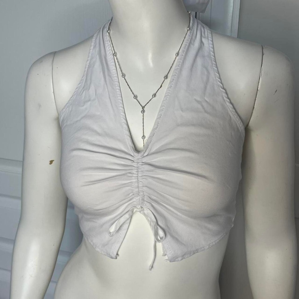 SHEIN White Halter Crop Top w/ Ruched Front & Tie